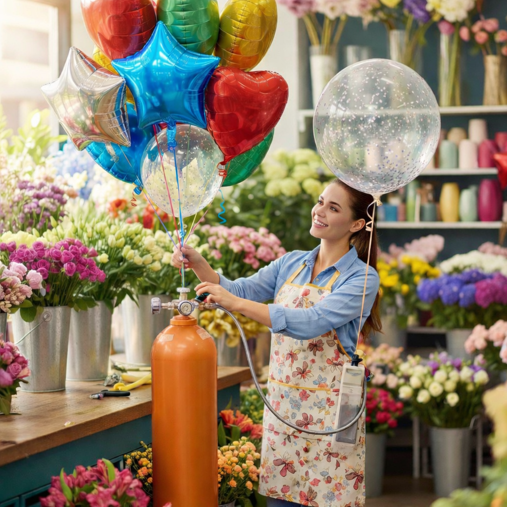 florist filling balloons with helium