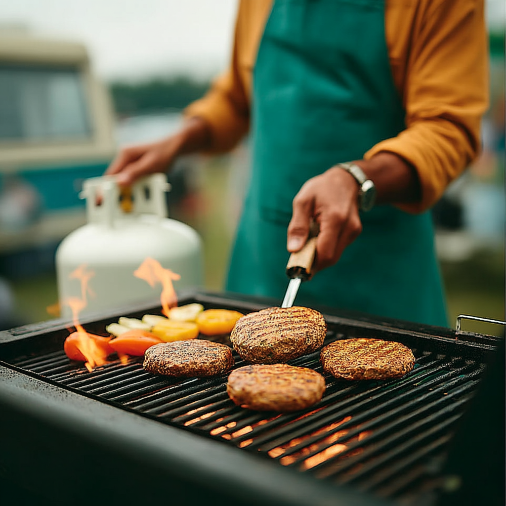 Person grilling with small white propane tank