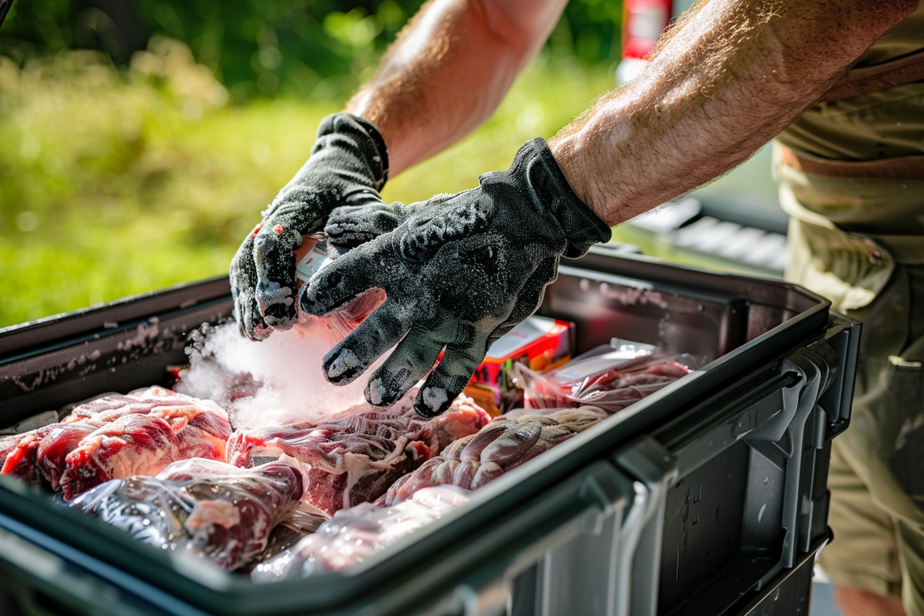 Person using dry ice in a cooler to transport meat
